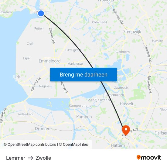 Lemmer to Zwolle map
