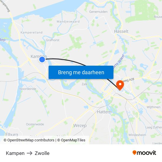 Kampen to Zwolle map