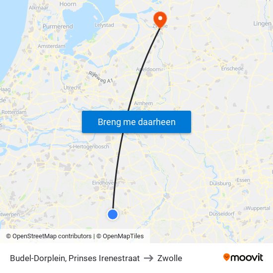 Budel-Dorplein, Prinses Irenestraat to Zwolle map