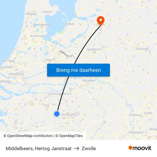 Middelbeers, Hertog Janstraat to Zwolle map