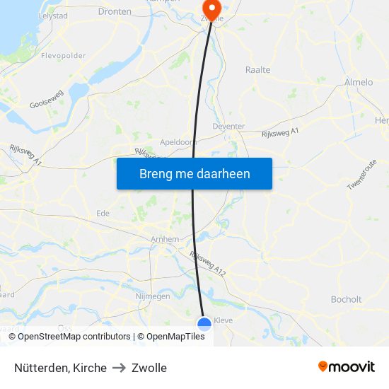 Nütterden, Kirche to Zwolle map