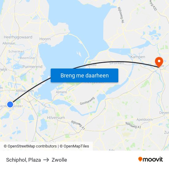 Schiphol, Plaza to Zwolle map