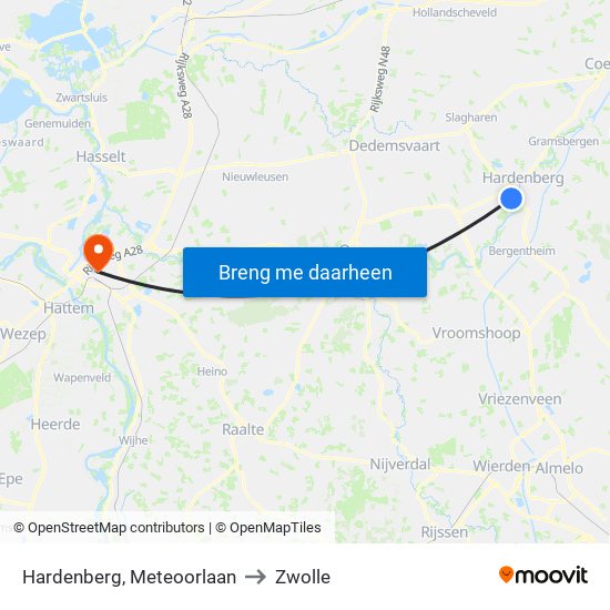 Hardenberg, Meteoorlaan to Zwolle map