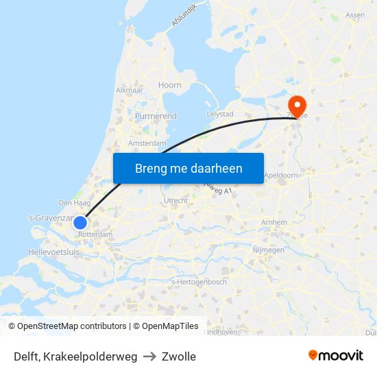 Delft, Krakeelpolderweg to Zwolle map