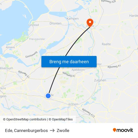 Ede, Cannenburgerbos to Zwolle map
