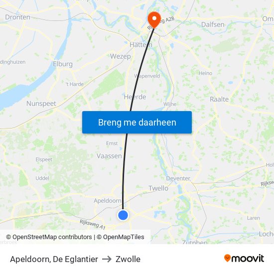 Apeldoorn, De Eglantier to Zwolle map