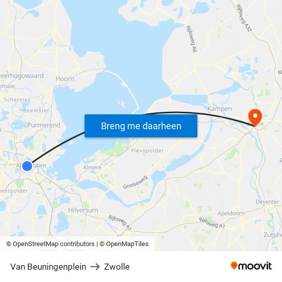 Van Beuningenplein to Zwolle map