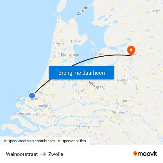 Walnootstraat to Zwolle map