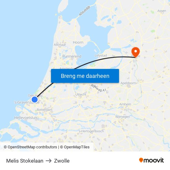Melis Stokelaan to Zwolle map