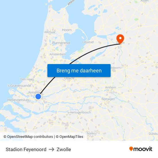 Stadion Feyenoord to Zwolle map