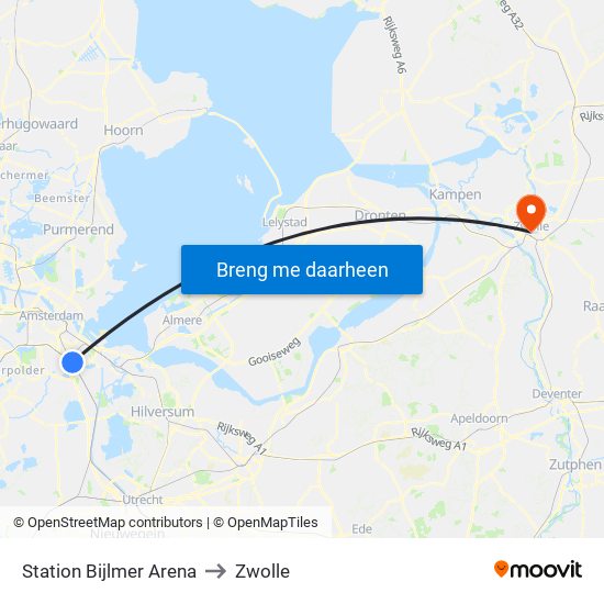 Station Bijlmer Arena to Zwolle map