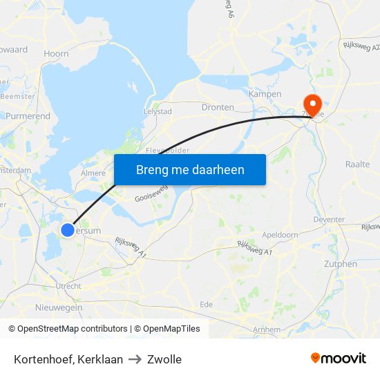 Kortenhoef, Kerklaan to Zwolle map