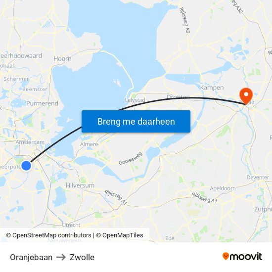 Oranjebaan to Zwolle map