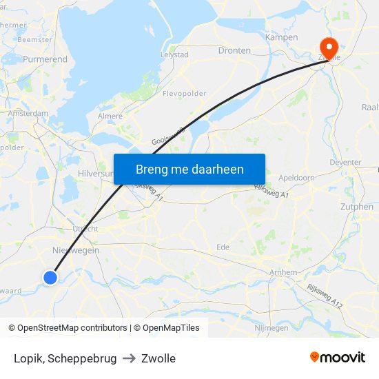 Lopik, Scheppebrug to Zwolle map