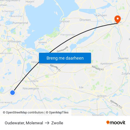 Oudewater, Molenwal to Zwolle map