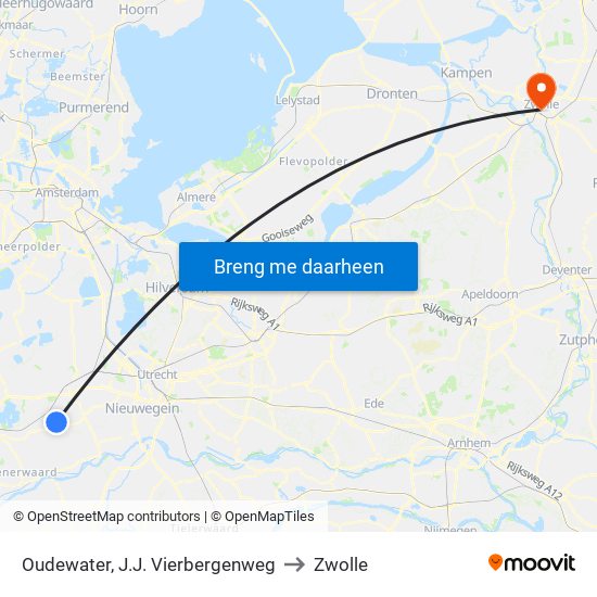 Oudewater, J.J. Vierbergenweg to Zwolle map