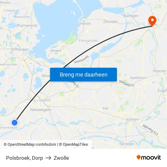 Polsbroek, Dorp to Zwolle map