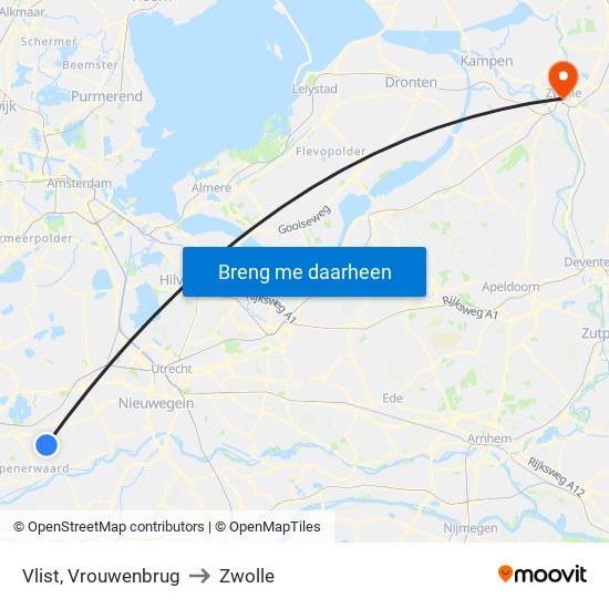 Vlist, Vrouwenbrug to Zwolle map