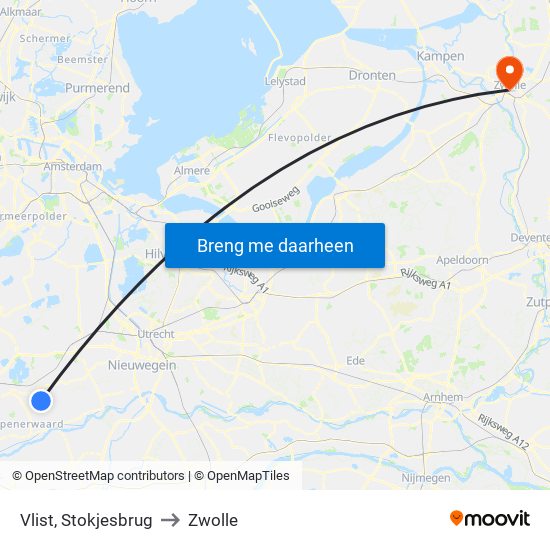 Vlist, Stokjesbrug to Zwolle map