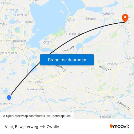 Vlist, Bilwijkerweg to Zwolle map