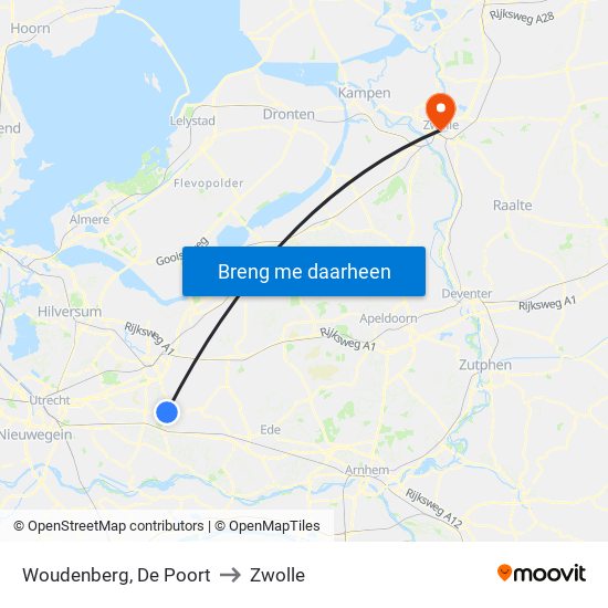 Woudenberg, De Poort to Zwolle map