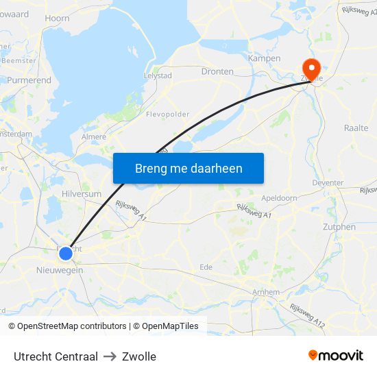 Utrecht Centraal to Zwolle map