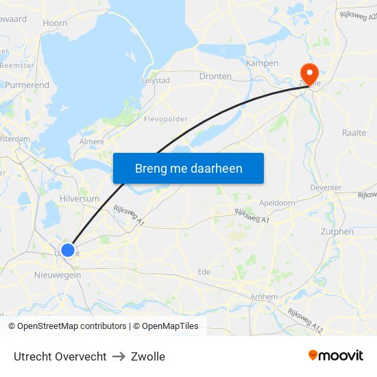 Utrecht Overvecht to Zwolle map