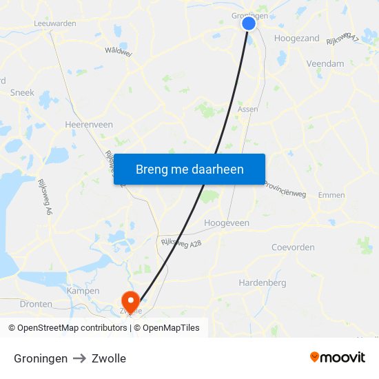 Groningen to Zwolle map