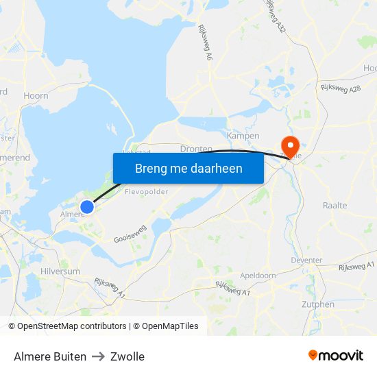 Almere Buiten to Zwolle map