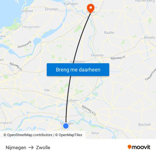 Nijmegen to Zwolle map