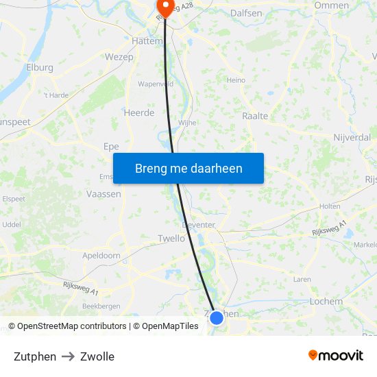Zutphen to Zwolle map