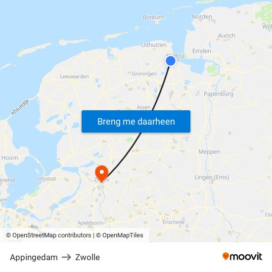Appingedam to Zwolle map