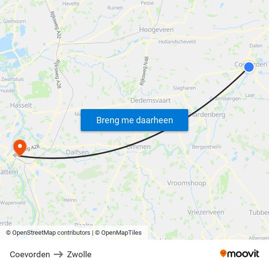 Coevorden to Zwolle map