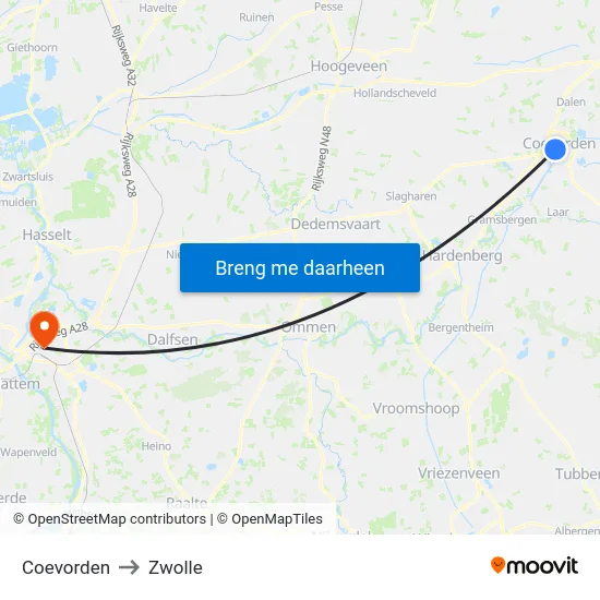 Coevorden to Zwolle map