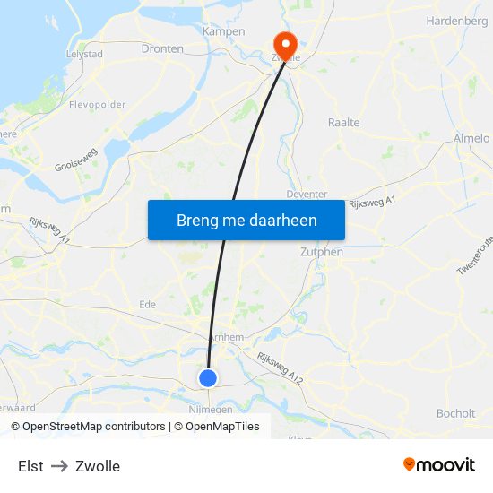 Elst to Zwolle map