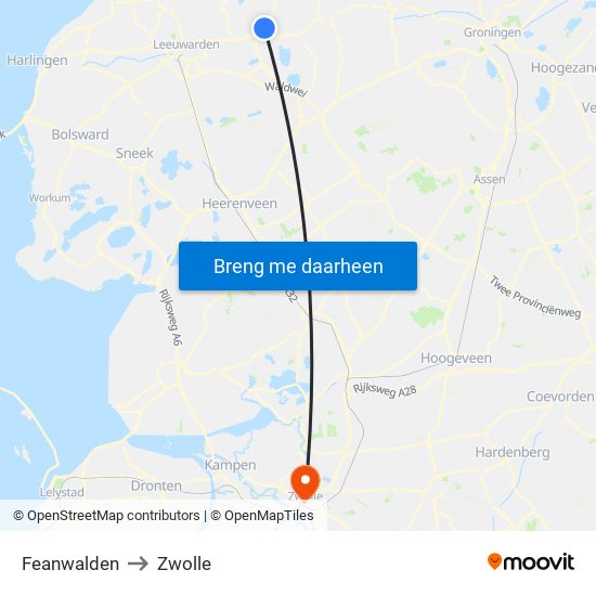 Feanwalden to Zwolle map