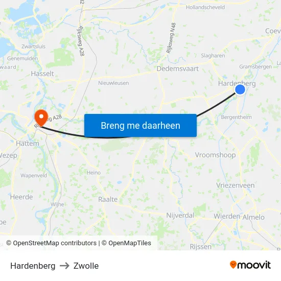 Hardenberg to Zwolle map