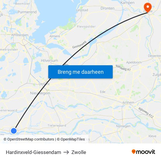 Hardinxveld-Giessendam to Zwolle map