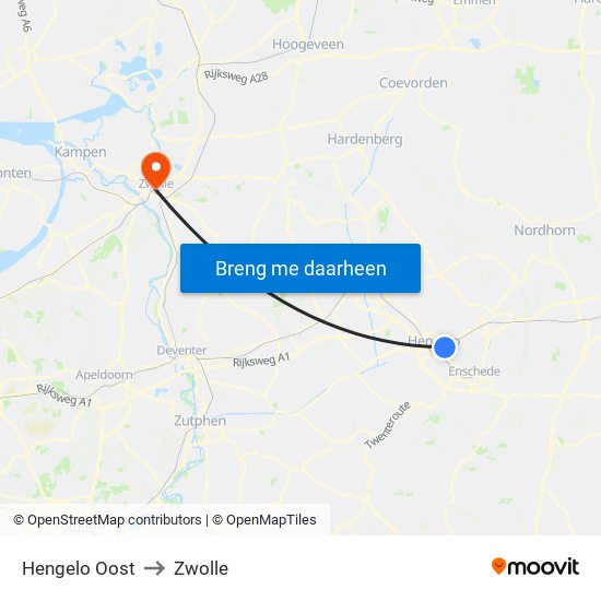 Hengelo Oost to Zwolle map