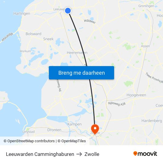 Leeuwarden Camminghaburen to Zwolle map