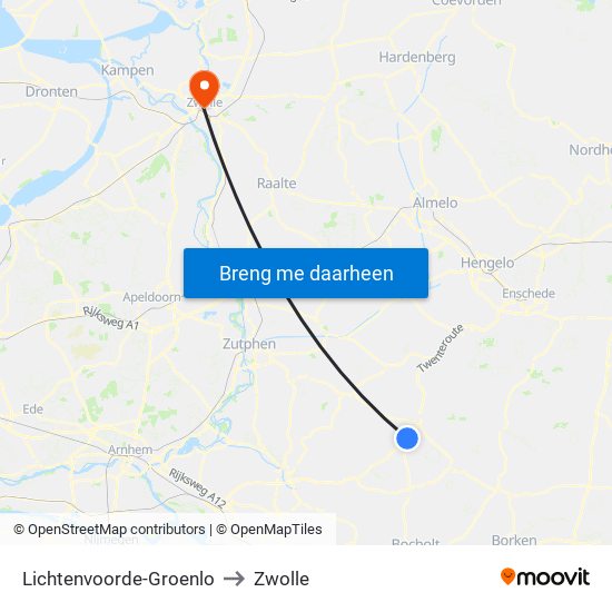 Lichtenvoorde-Groenlo to Zwolle map
