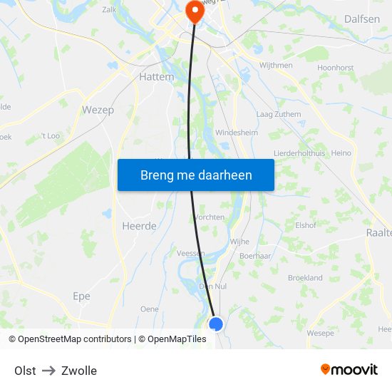 Olst to Zwolle map