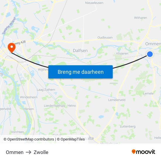 Ommen to Zwolle map