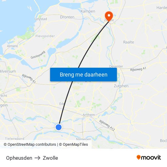 Opheusden to Zwolle map