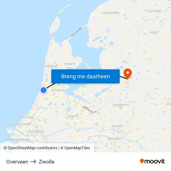 Overveen to Zwolle map