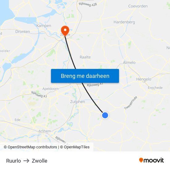 Ruurlo to Zwolle map