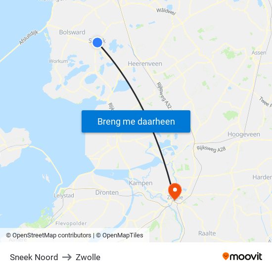 Sneek Noord to Zwolle map