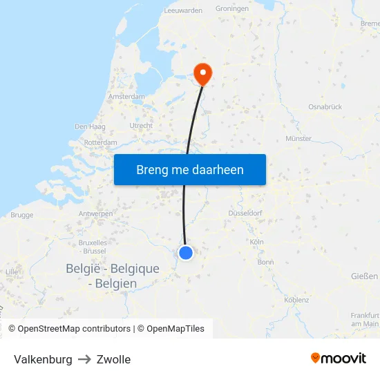 Valkenburg to Zwolle map