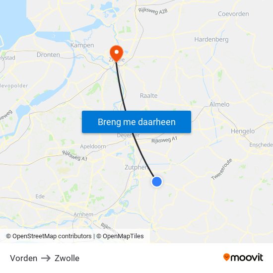 Vorden to Zwolle map