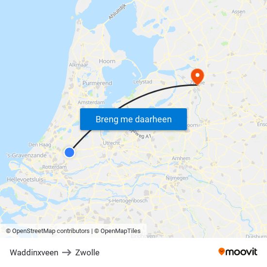 Waddinxveen to Zwolle map